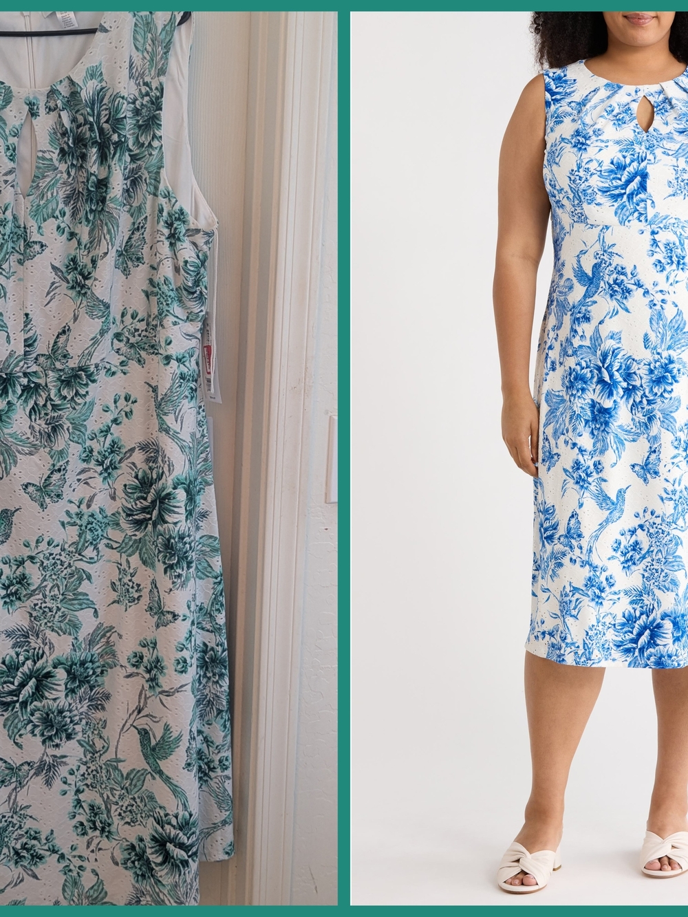 Sleeveless Floral Keyhole Sheath Dress in Teal and White